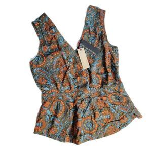Banana Republic 100% Silk Paisley Peplum Sleeveless V-neck Blouse Women's Size 4